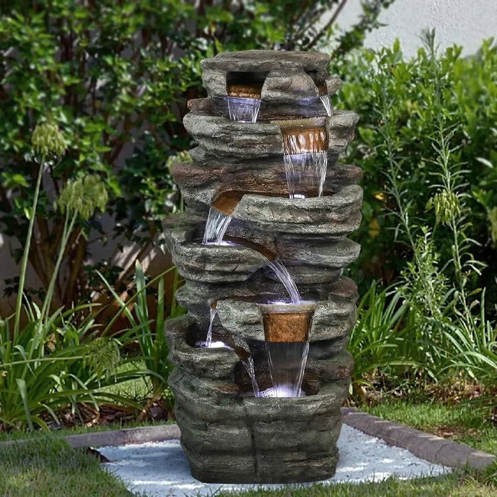 48 Inch High 7 Story Rock Outdoor Fountain with LED Lights for Garden and Home Art Decoration