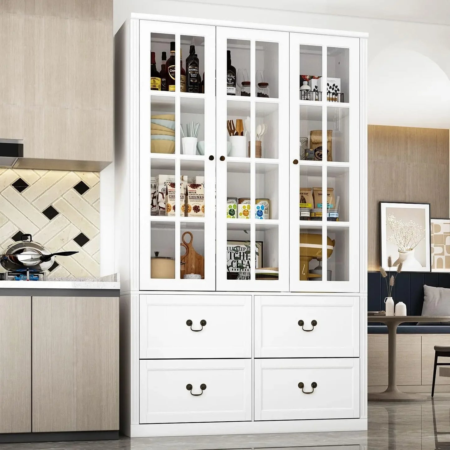 Pantry Cabinet Kitchen Storage Cabinet with Two Drawers and Glass Doors Adjustable Shelves for Kitchen and Pantry Use