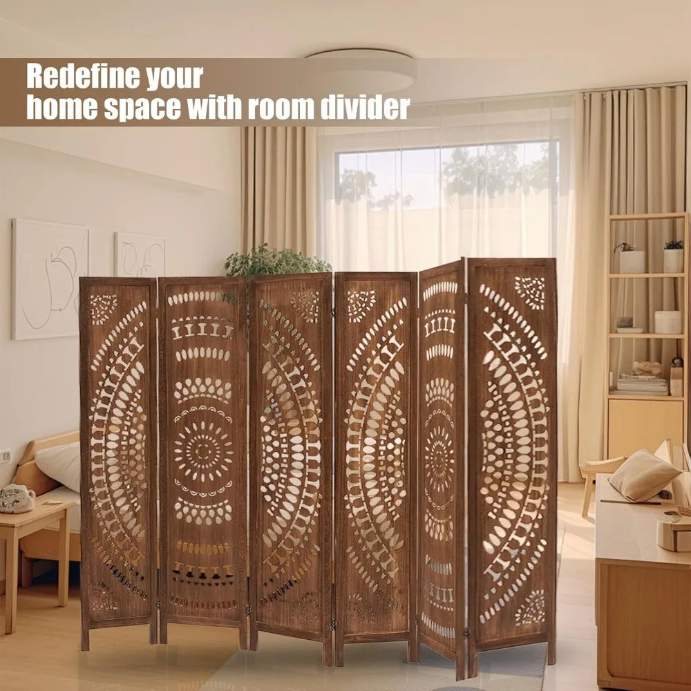 6 Panel Wood Room Divider Fully Assembled, Carved Boho Room Dividers and Folding Screens, 5.6Ft Room Divider Screen Freestanding