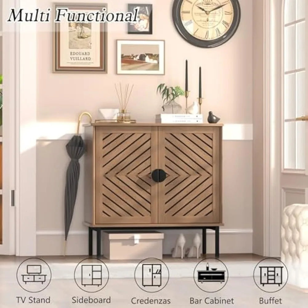 Accent Cabinet with 2 Hollow Doors Modern Buffet Cabinet with Adjustable Shelves and Metal Handle Decorative Credenza for Living Room