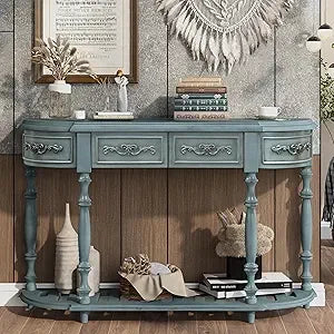 Retro Wood Curved Console Table 52 Inch Half Moon Hall Sofa Table with Drawers and Shelf for Living Room Home Furniture