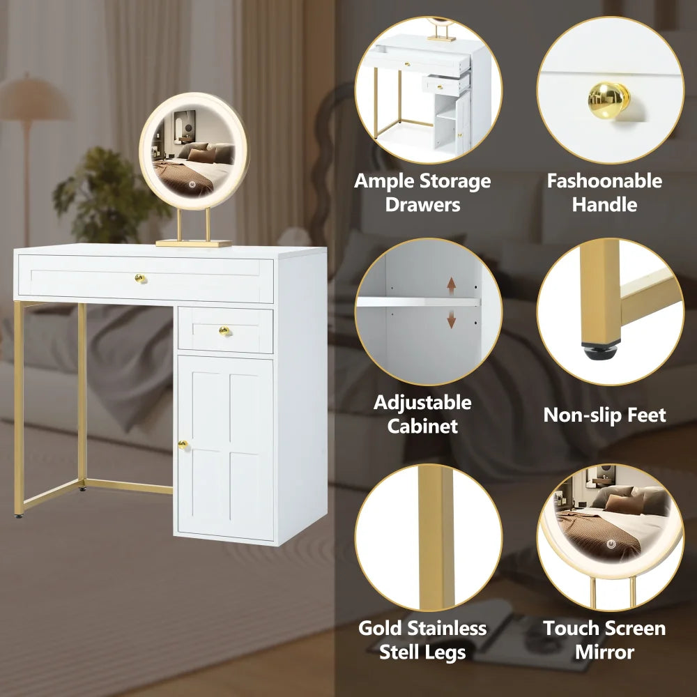 Makeup Vanity Desk with Mirror Luxury Vanity Desk with 2 Drawers 1 Cabinet and 3 Lighting Modes Dressing Table for Bedroom