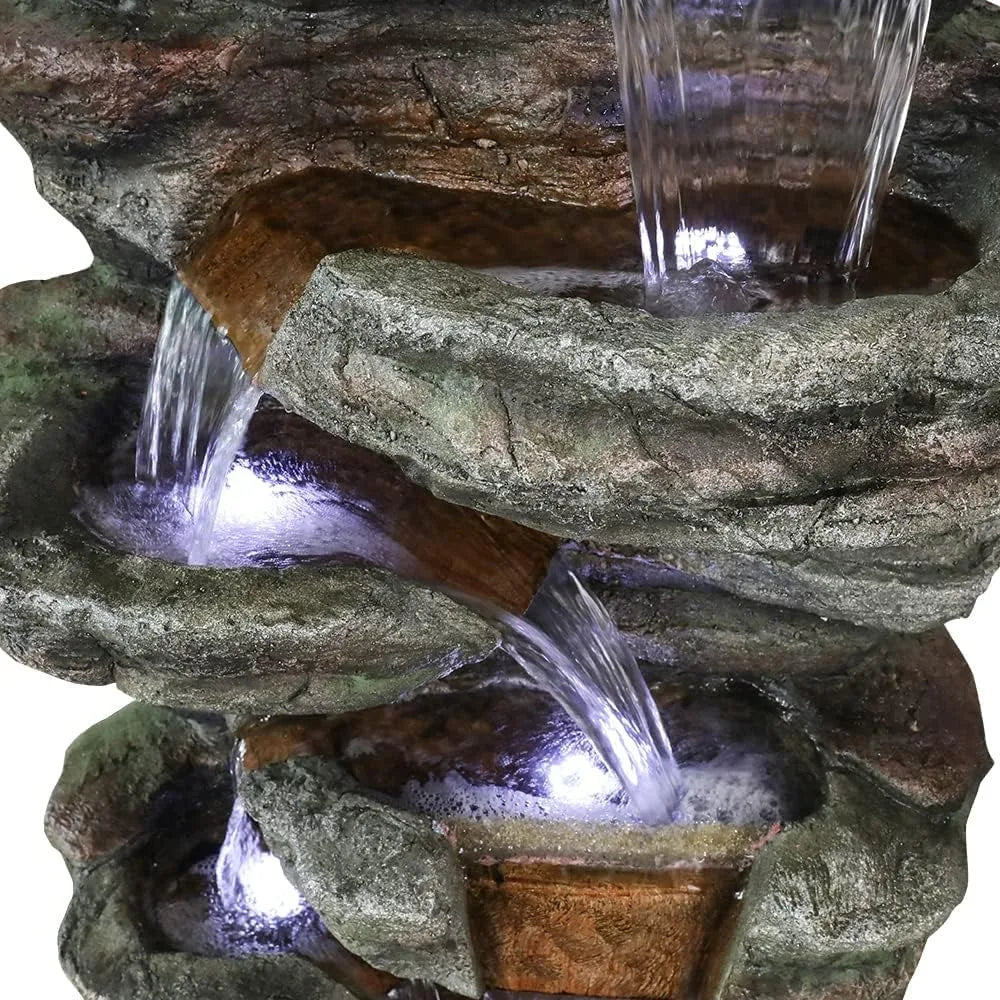 48 Inch High 7 Story Rock Outdoor Fountain with LED Lights for Garden and Home Art Decoration