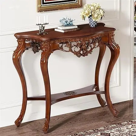 Antique Console Table 38 Inch Victorian Half Moon Sofa Table with Hollow Floral Apron and Cabriole Legs Vintage Traditional Design