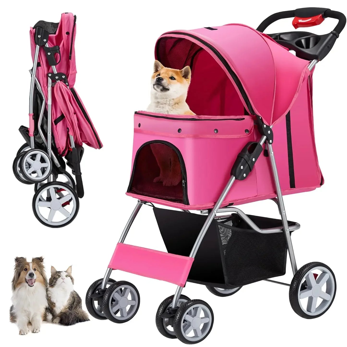 4 Wheels Pet Stroller for Small and Medium Dogs and Cats 33 Pounds Breathable Foldable Jogger Stroller with Storage Basket for Travel
