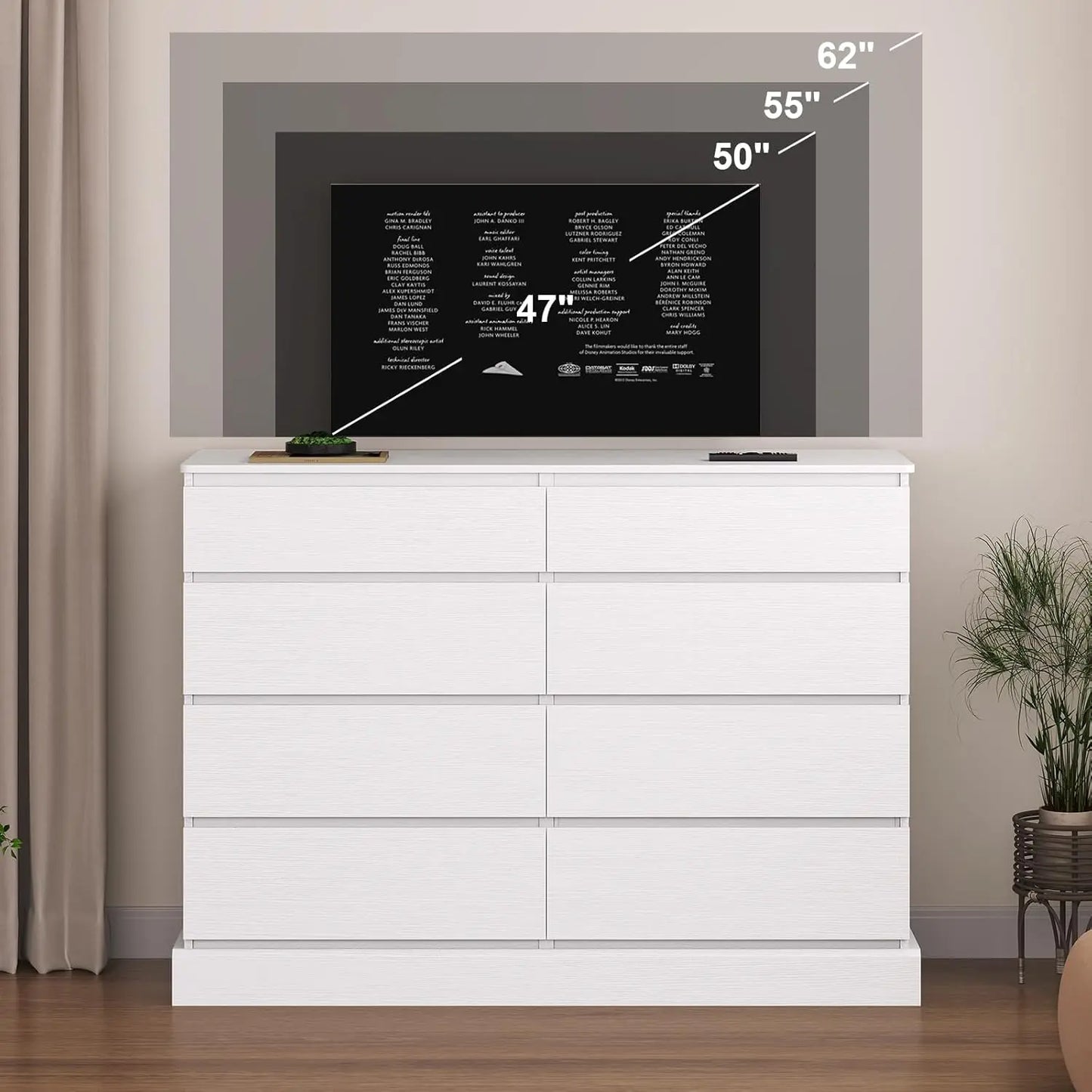 White Wooden Dresser for Bedroom with 8 Spacious Drawers 51.5 Inch Long Clothing Storage Chest