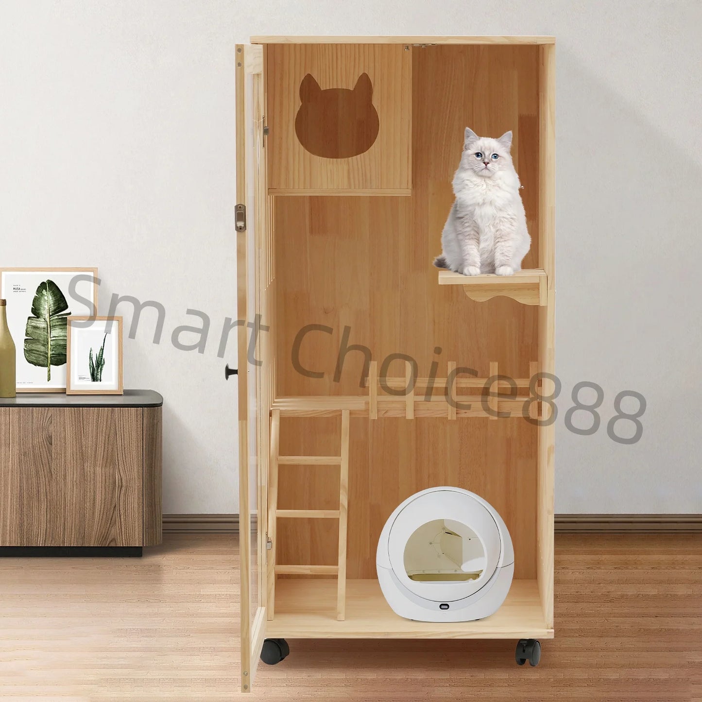 Large Wooden Cat House Luxury Multi-Feature Cat Condo Cat Condo House with Posts Oversized Cat Villa on Wheels