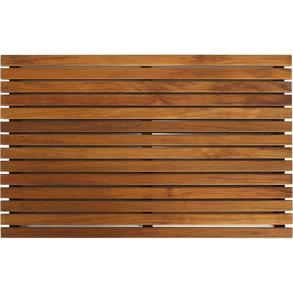 Teak Wood Shower Door Mat Slip Resistant Spa Experience Indoor Outdoor Use Easy Care 31.5 x 19.5 Inch Natural Warm Surface