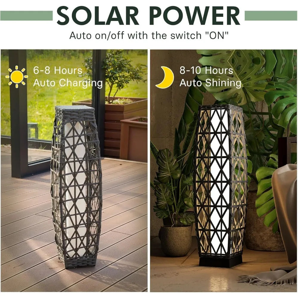 Medium Cindy Outdoor Solar Powered Woven Wicker Lantern Floor Lamp Decoration for Deck Garden Lawn Porch
