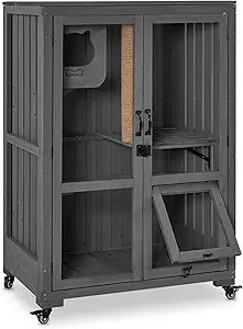 Luxury Cat House with Scratching Post Wooden Multi Feature Large Cat Condo with Escape Door and Wheels Kitten Cages with Shelves
