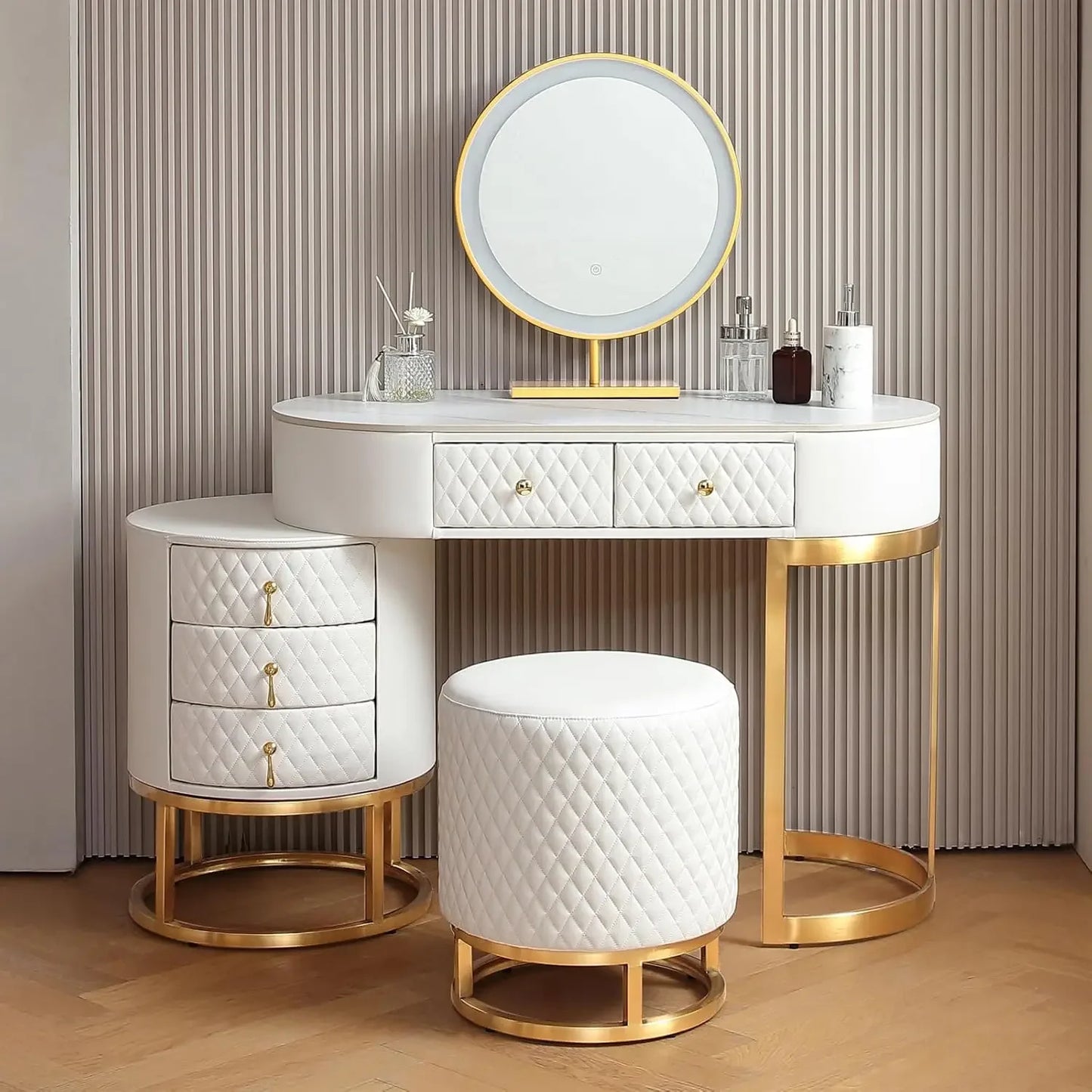 Faux Leather Makeup Vanity Desk Set with LED Lighted Mirror Luxury Dressing Table with Storage Drawers and Vanity Stool White