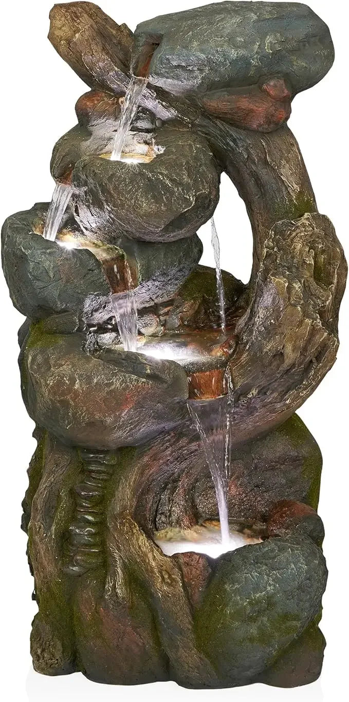51 Inch Outdoor Six Story Fountain with LED Lights and Natural Stone Appearance for Gardens and Rock Waterfall Fountains