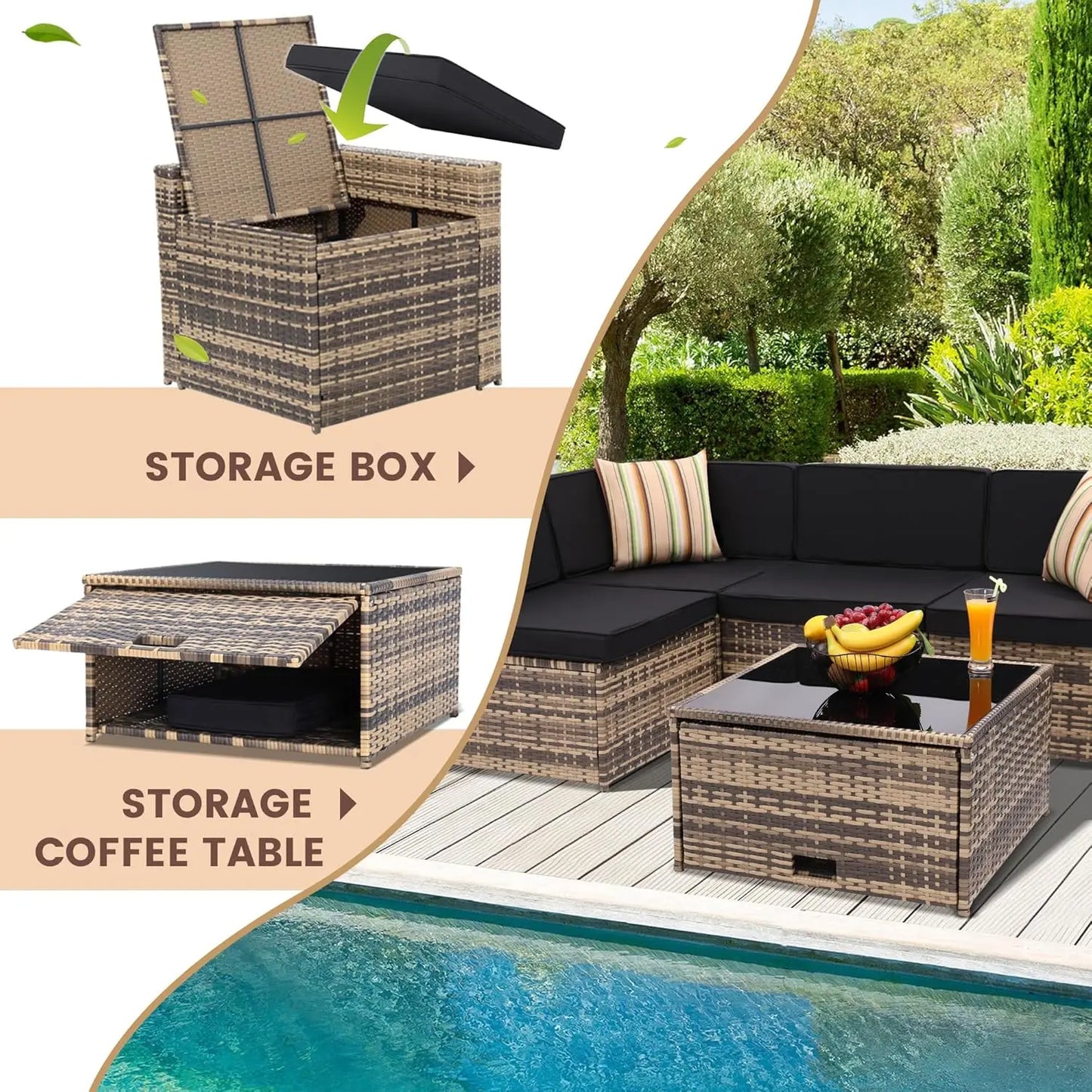 8 Pieces Outdoor Wicker Rattan Patio Furniture Sectional Set with Glass Top Table and Hidden Storage, 7 Sofa Sections with Oversized Cushions in Natural Color Rattan and Black Cushions