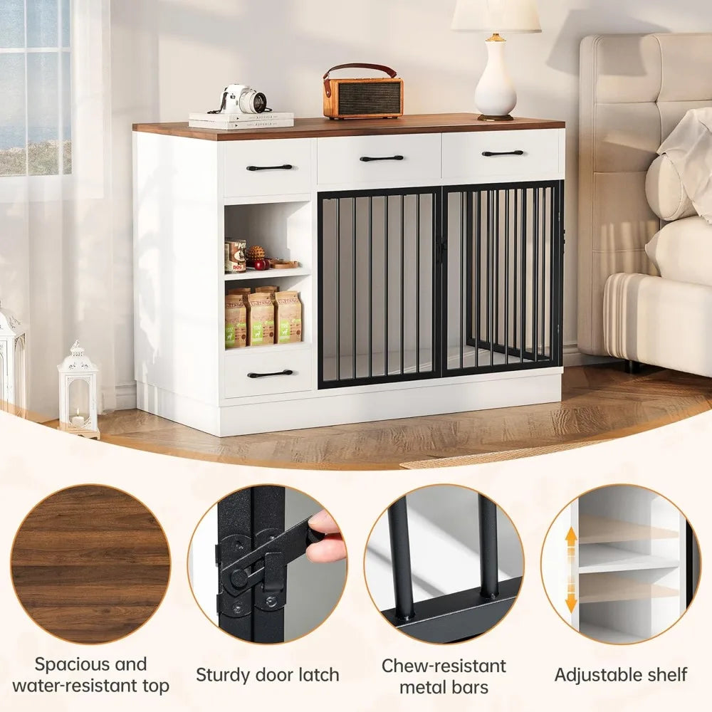 Luck Large Dog Crate Furniture 47.2 Inch Dog Kennel Indoor with 3 Storage Drawers and Hidden Feeding Bowl Sturdy Wooden Dog Crate