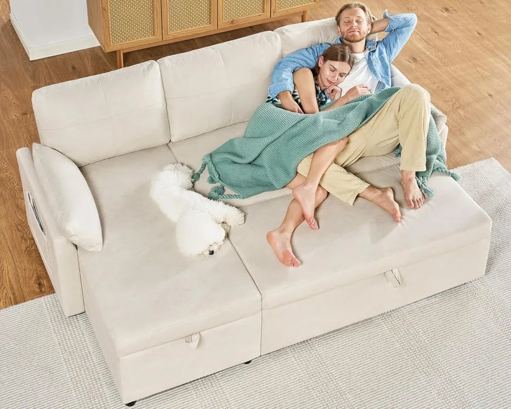 Sofa Bed, Sofa Sleeper with Chaise, Pull Out Couch for Living Room, Off-White Leathaire,