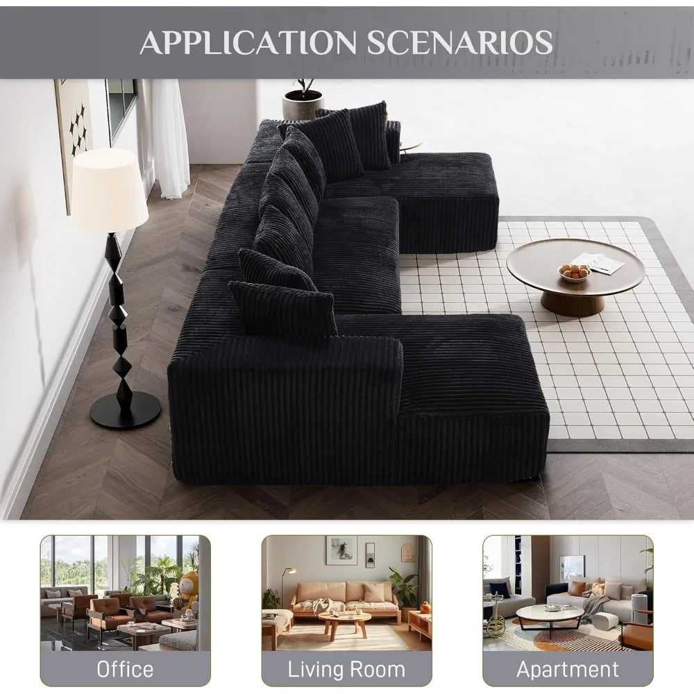131 Inch Modular Sectional Couch Luxury Black Sectional Couches for Living Room Comfy Corduroy Sofa with Chaise Lounge