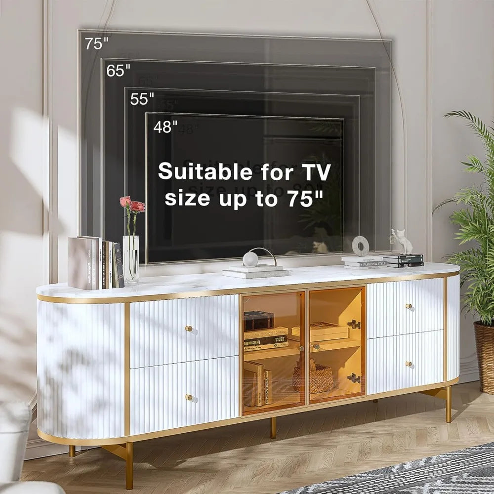 Luxury 70 Inch Fluted TV Stand for TVs Up to 75 Inches Modern Entertainment Center with Faux Marble Top Media Console with Curved Glass Doors