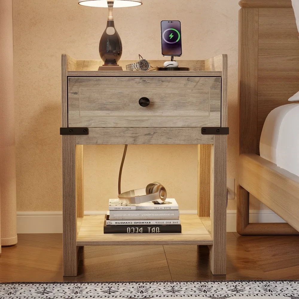 Farmhouse End Table Nightstand with Storage Shelf and Charging Station