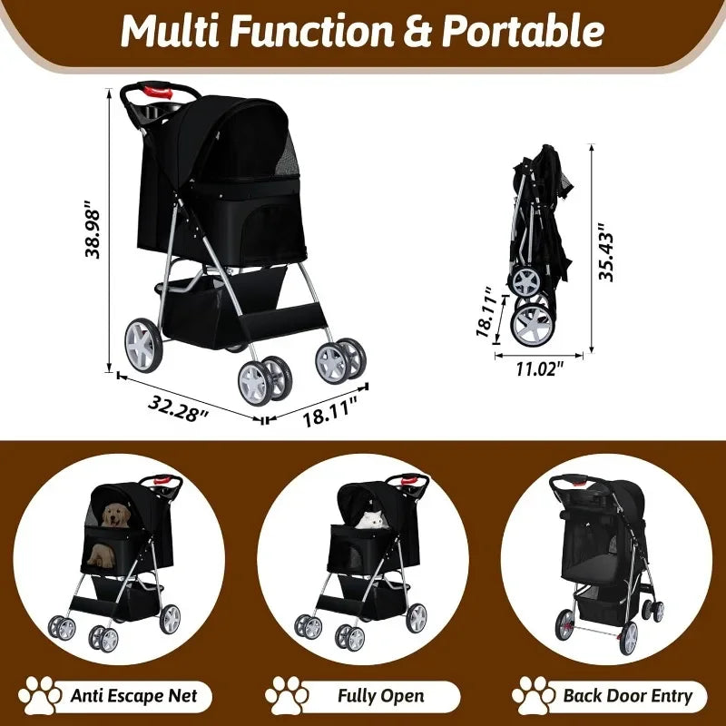 Pet Stroller for Medium and Small Dogs and Cats Four Wheels Folding Cat Jogger with Storage Basket and Breathable Mesh