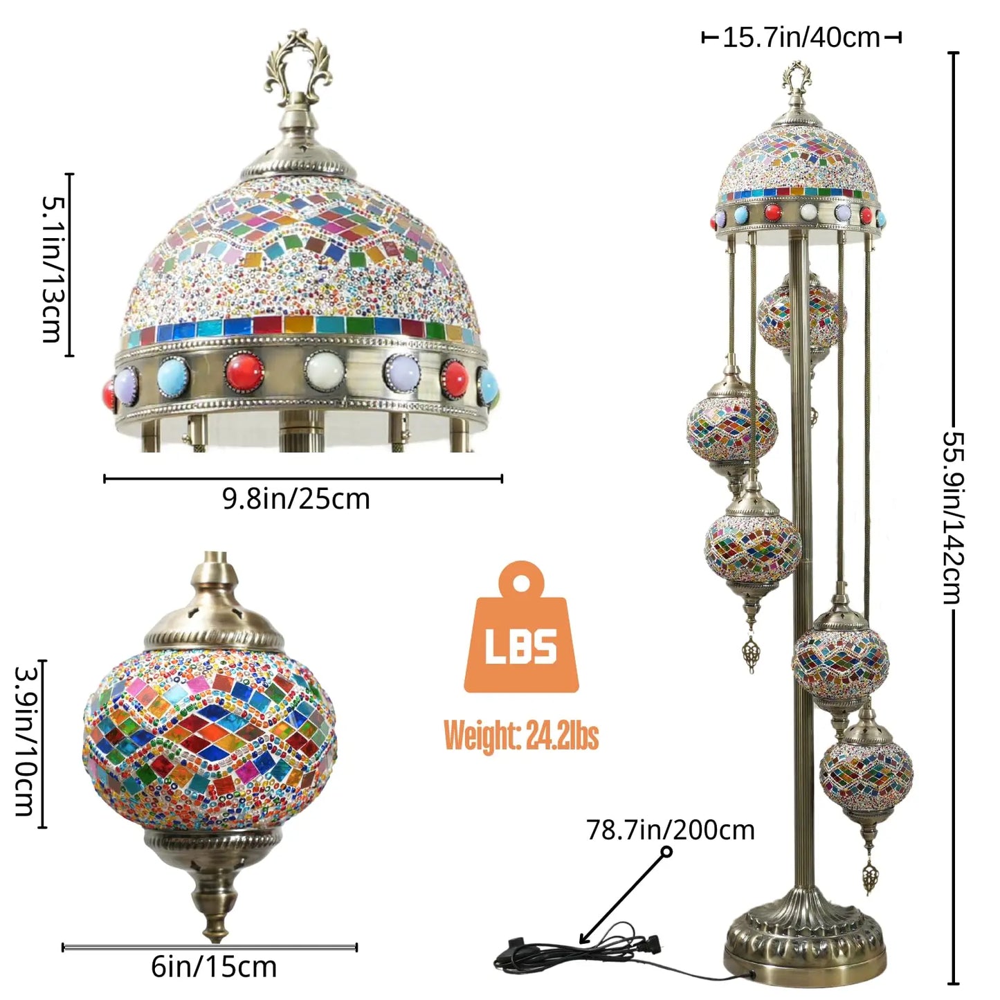 Turkish Lamp, Mosaic Globe Floor Feature, Upgraded Lampshade, for Sophisticated Home Design