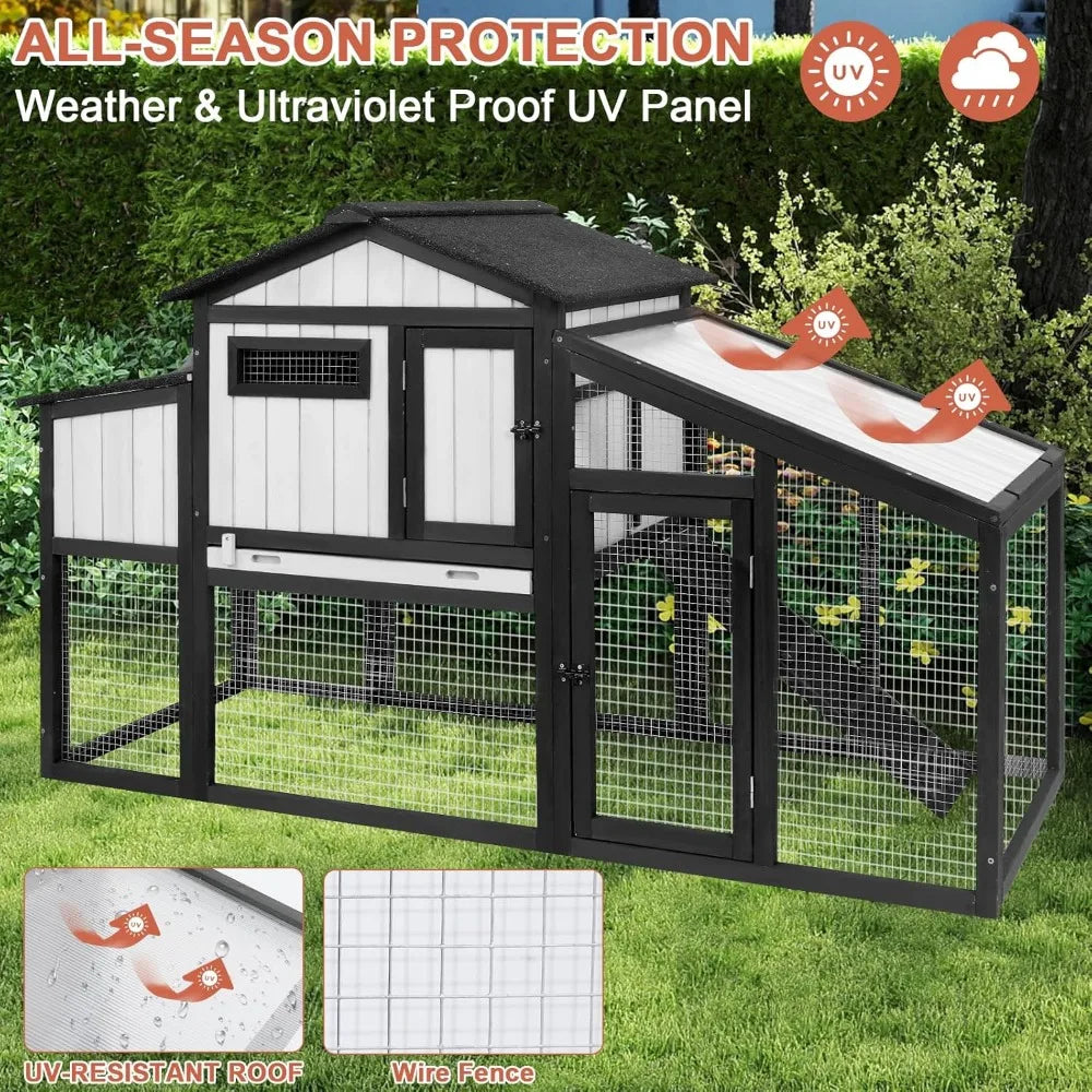 65.3 Inch Chicken Coop and Run Wooden Hen House for 1 to 2 Chickens with Nesting Box Tray and Perches Indoor Outdoor Pet Hutch