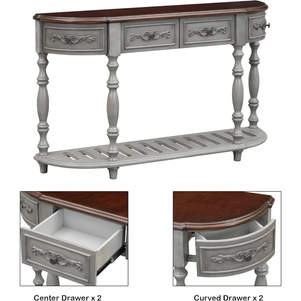 Retro Wood Curved Console Table 52 Inch Half Moon Hall Sofa Table with Drawers and Shelf for Living Room Home Furniture