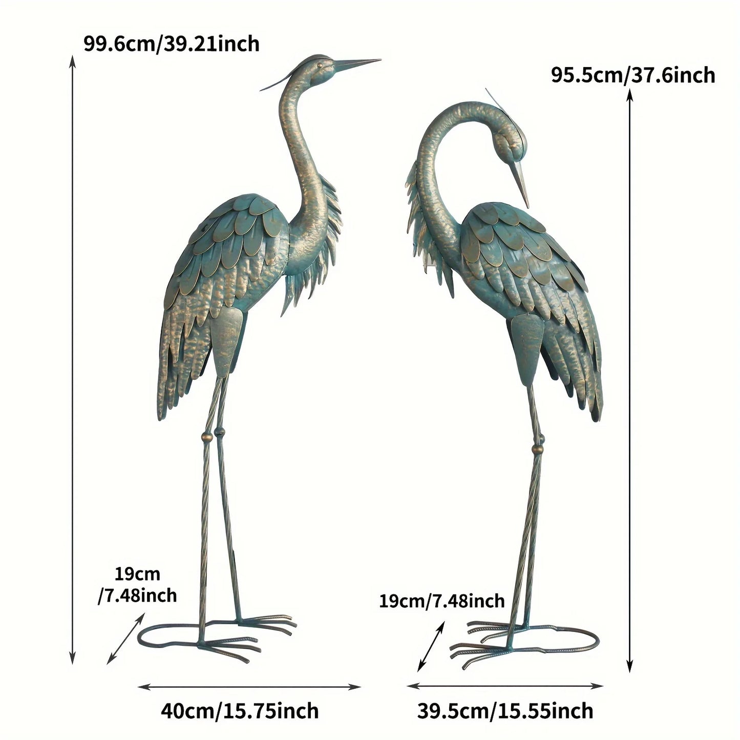 Metal Garden Crane Statues Outdoor Preening Crane Garden Statue Cyan Standing Sculptures For Yard Lawn Pond