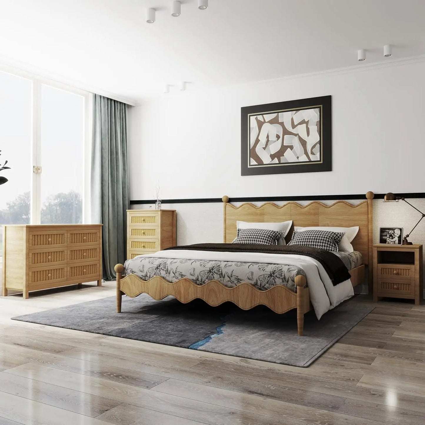 Farmhouse Bedroom Set 3 Pieces Rustic Wood 6 Drawer Dresser Nightstands Chest of Drawers Wide Storage