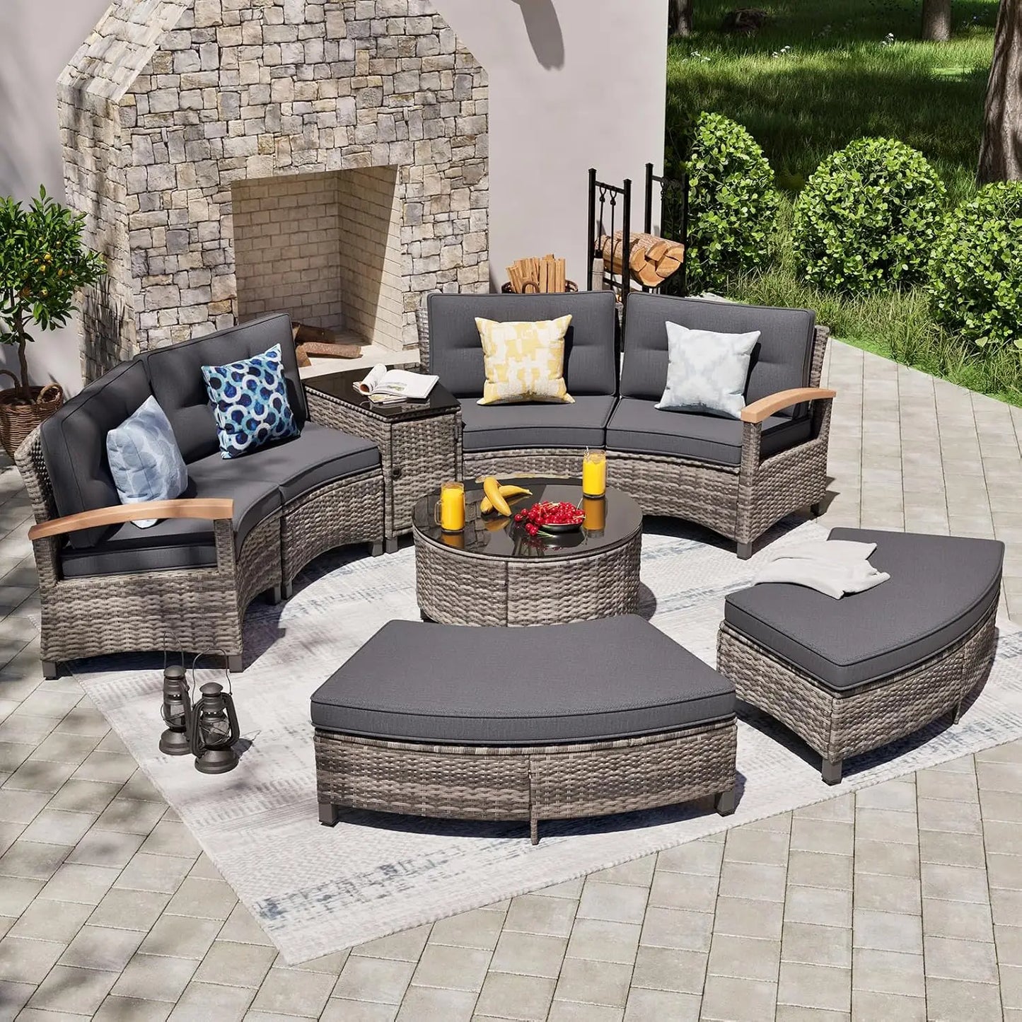 Multi Piece Outdoor Patio Furniture Sets Half Moon Curving Rattan Sofa Conversation Set