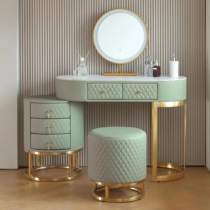 Luxury Faux Leather Vanity Desk with Mirror Makeup Table and Drawers Vanity Stool Green