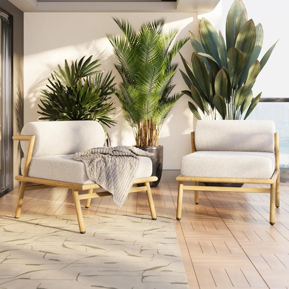 Outdoor Upholstered Lounge Chair Patio Teak Finished Iron Club Chair with Beige Cushion Stylish Comfortable Accent Chair