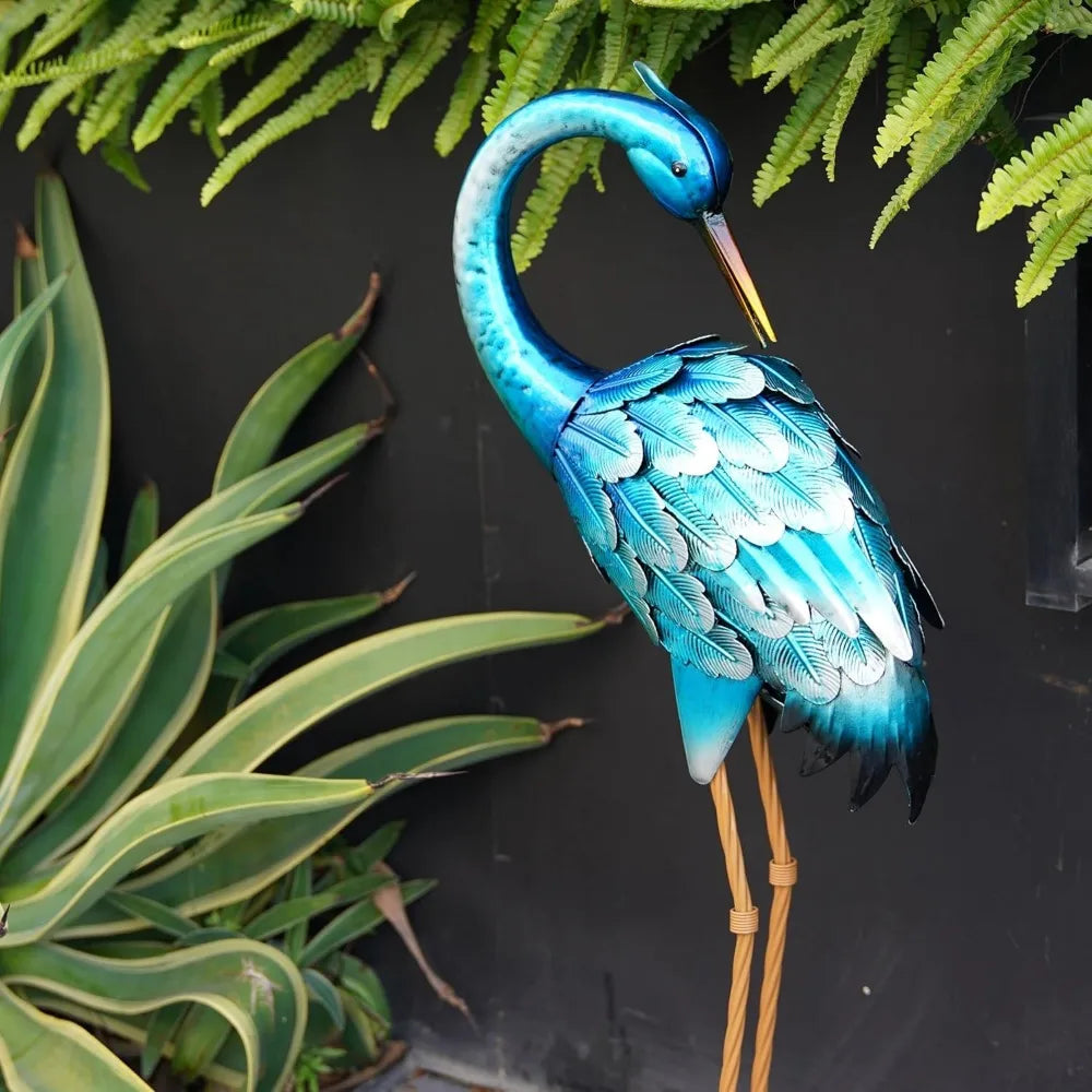 Metal Crane Garden Statue Blue Heron Sculpture Yard Art Large Heron Decoy Bird Statues Lawn Ornaments for Backyard Pond