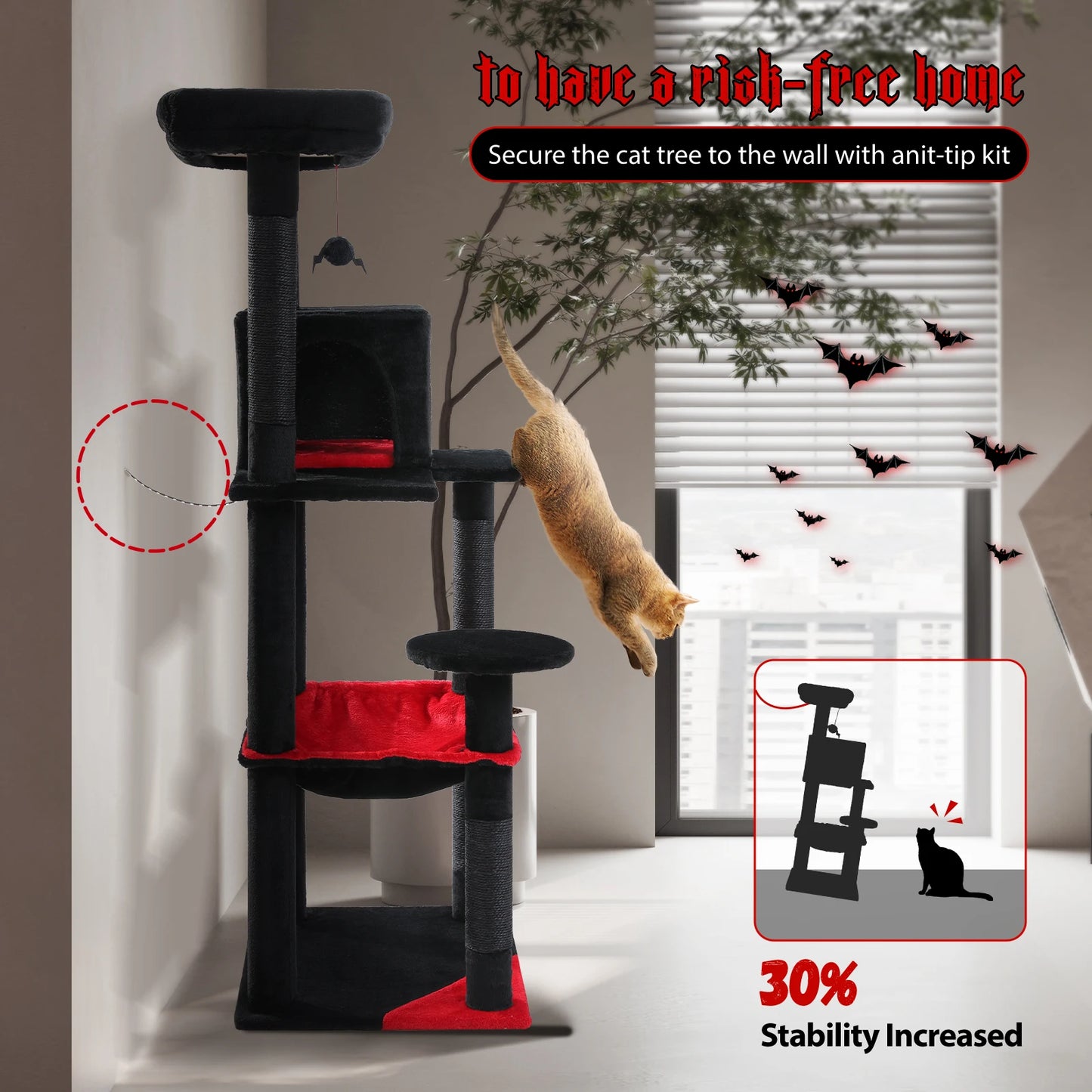 Environment and Cat Friendly Gothic Cat Tree for 2 to 3 Cats with Large Hammock, Sisal Scratch Posts, Cozy Condo and Top Perch
