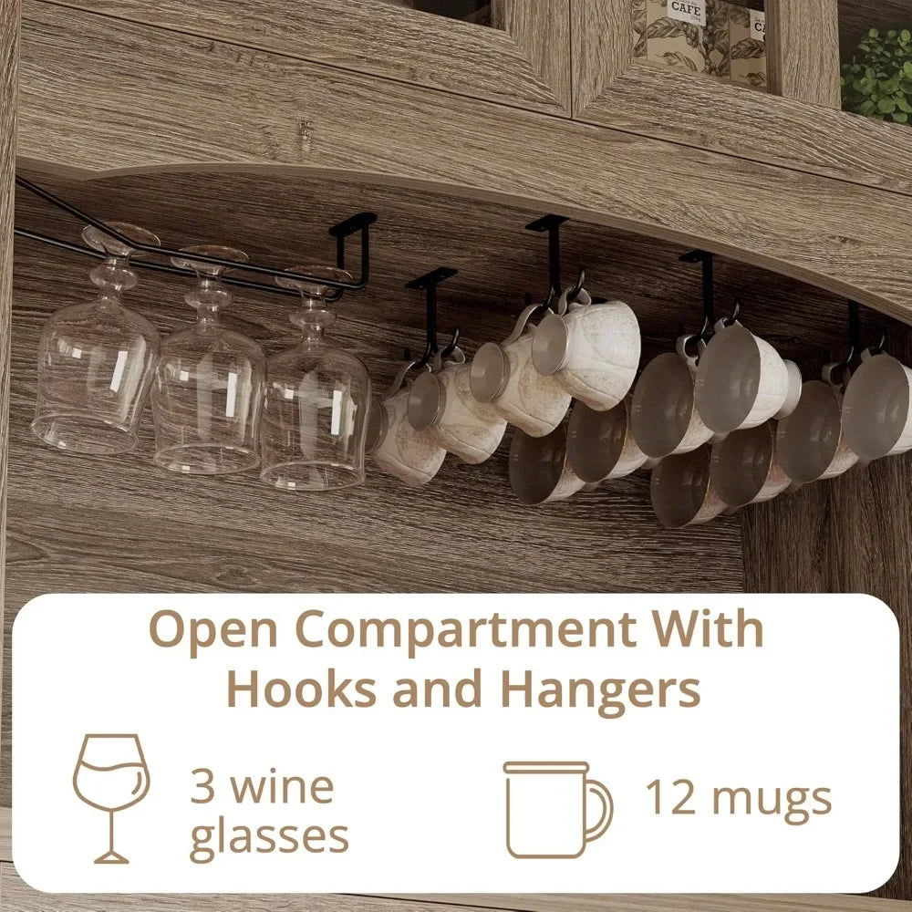 Kitchen Pantry with Power Outlets Farmhouse Storage Cabinet Coffee Bar with Glass Doors and Glasses Holder Large Drawer