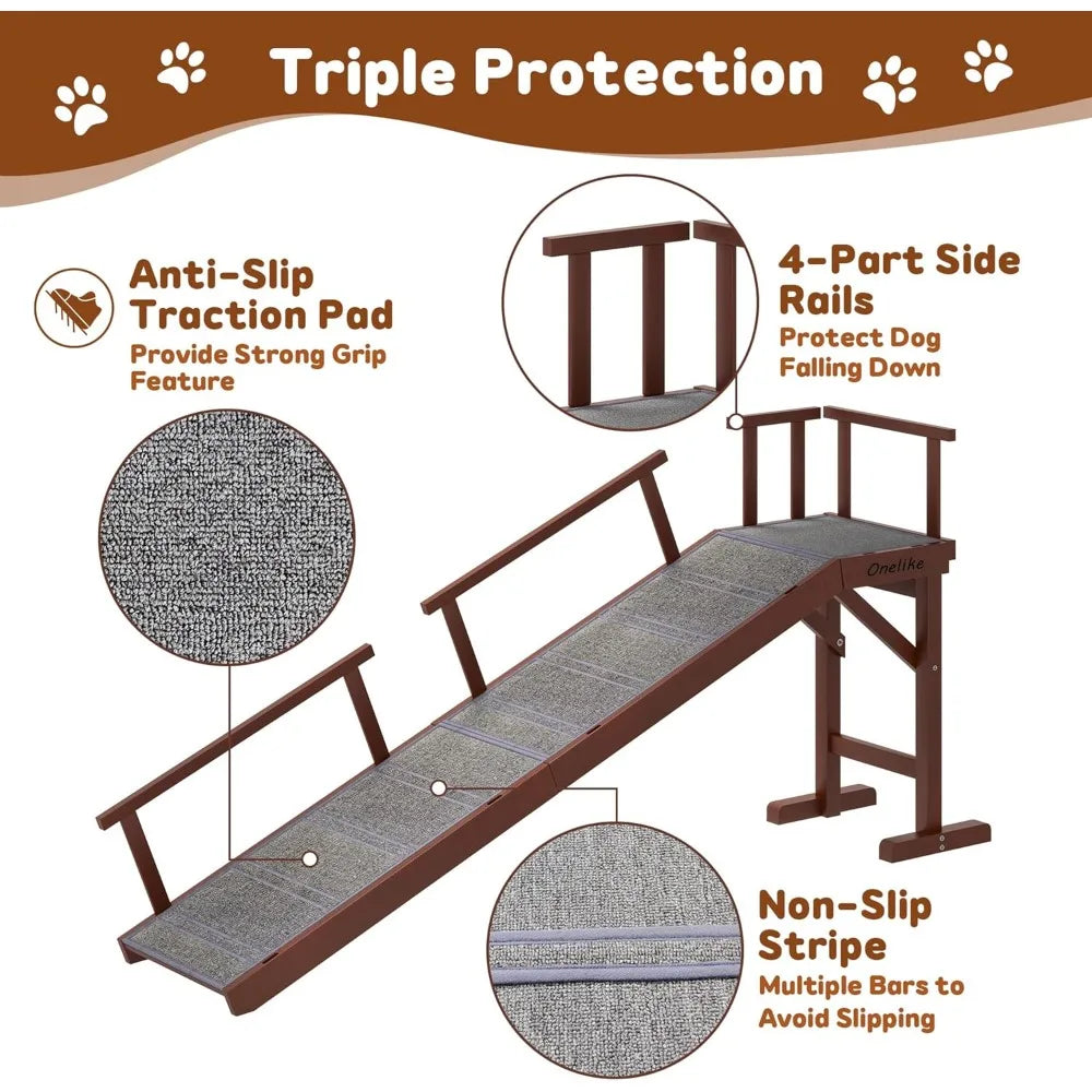 Wooden Dog Ramp With Removable Side Rail For Bed And Sofa