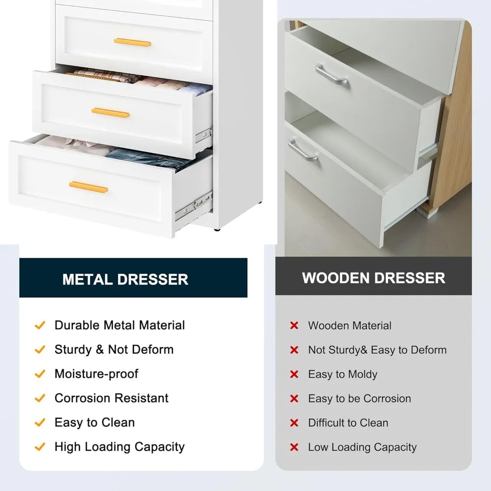 5 Drawer Metal Dresser for Bedroom Tall White and Gold Dresser for Closet Modern Metal Chest of Drawers