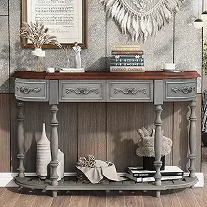 Retro Wood Curved Console Table 52 Inch Half Moon Hall Sofa Table with Drawers and Shelf for Living Room Home Furniture
