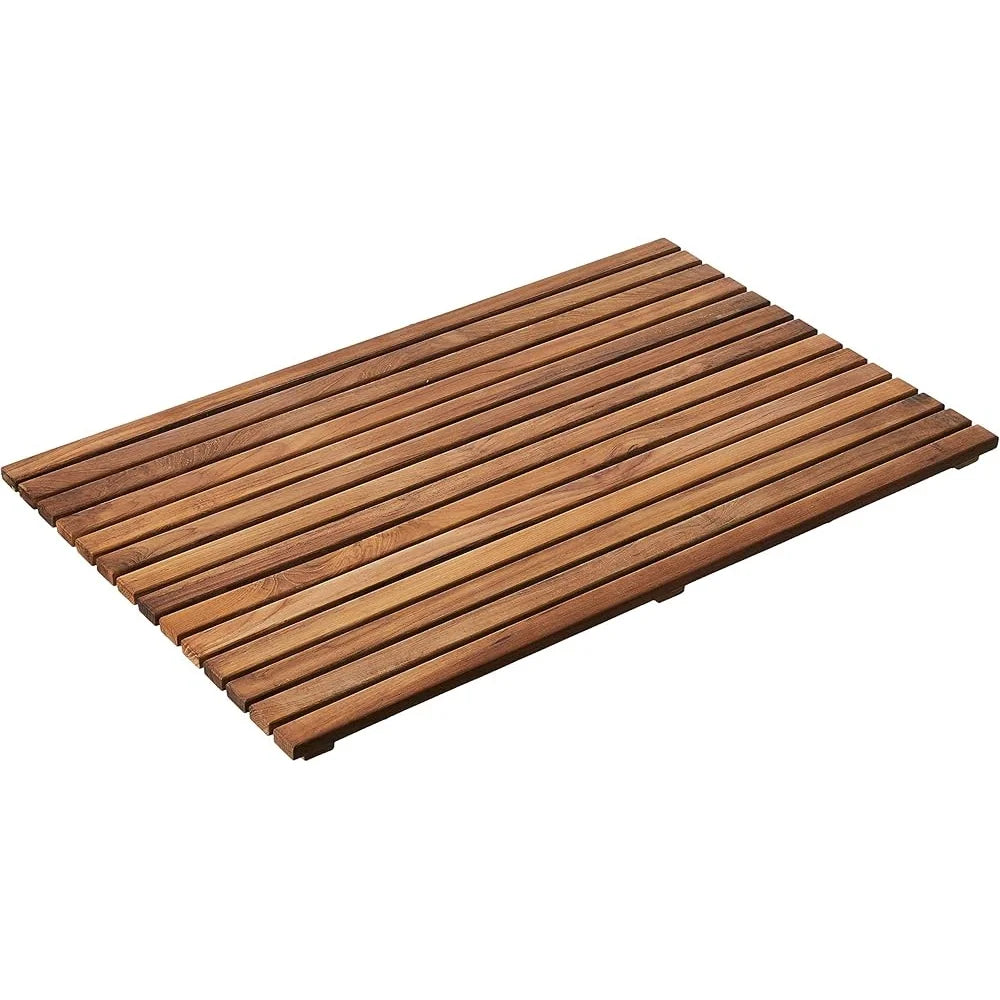 Teak Wood Shower Door Mat Slip Resistant Spa Experience Indoor Outdoor Use Easy Care 31.5 x 19.5 Inch Natural Warm Surface