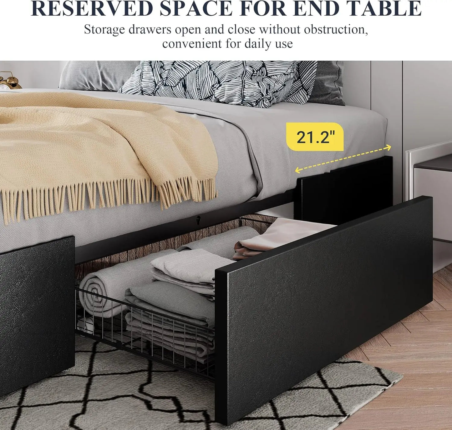 Full Size Platform Bed Frame with 3 Storage Drawers, Faux Leather Upholstered, Wooden Slats Support