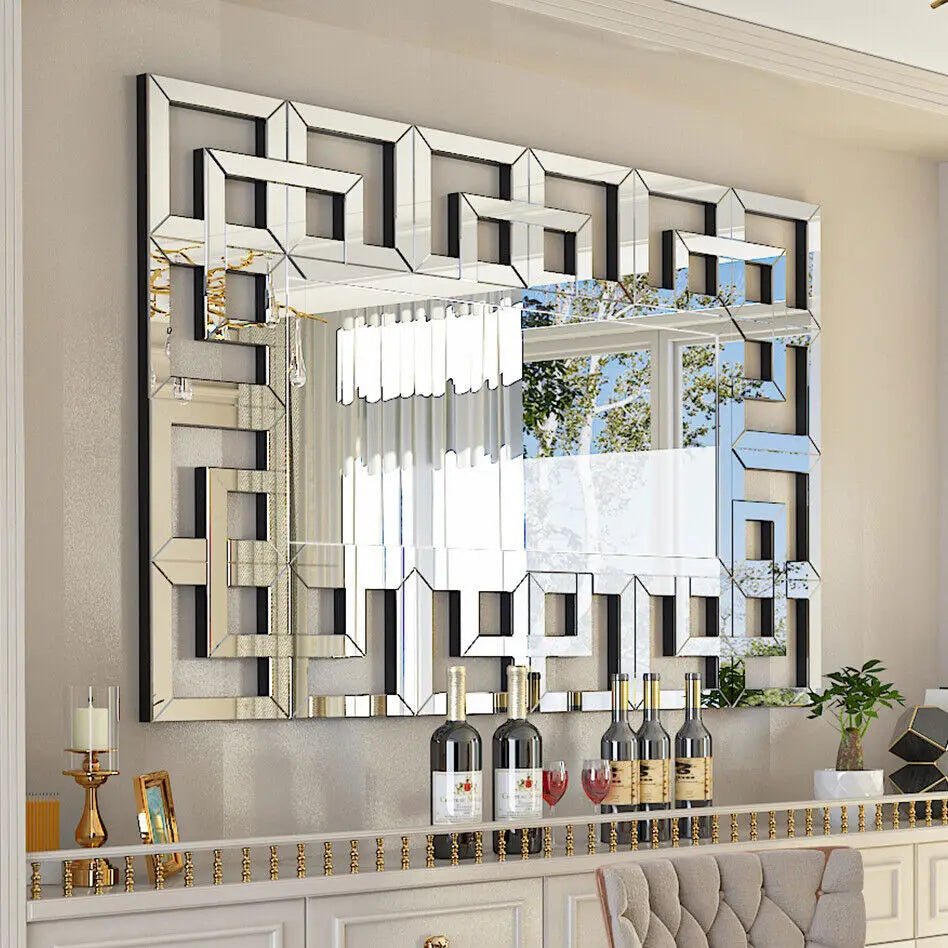 Rectangular Large Wall Mirror Modern Accent Mirror Grecian Venetian Frame Edge Living Room Bathroom Bedroom Decor