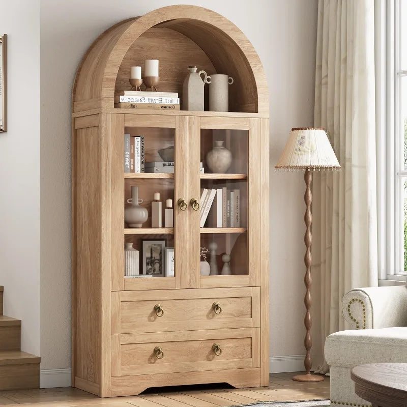 Kitchen Pantry Cabinet Arched Bookshelf Bookcase with Spacious Storage and Drawers