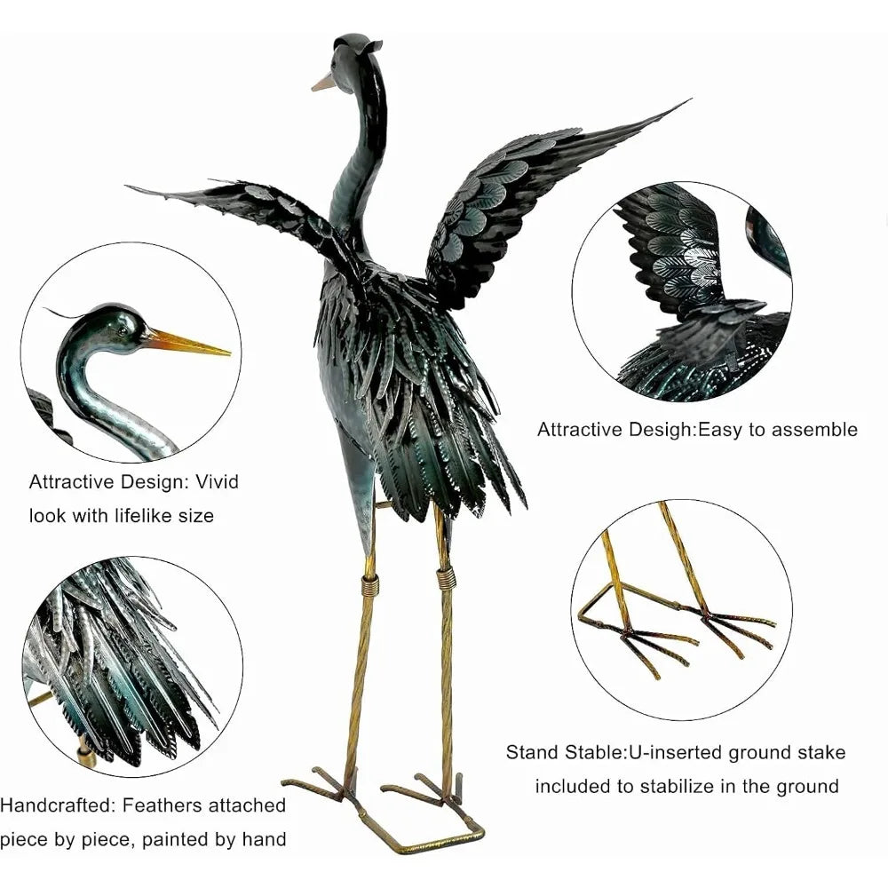 Crane Garden Statue Sculpture Metal Heron Outdoor Decor Yard Art Bird Decoy for Backyard Pond Patio Porch Lawn Decorations