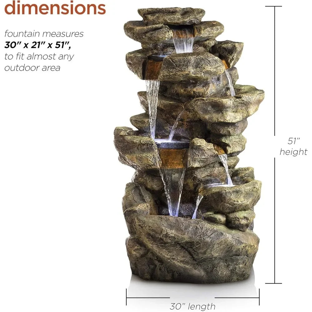51 Inch Outdoor Six Story Fountain with LED Lights and Natural Stone Appearance for Gardens and Rock Waterfall Fountains