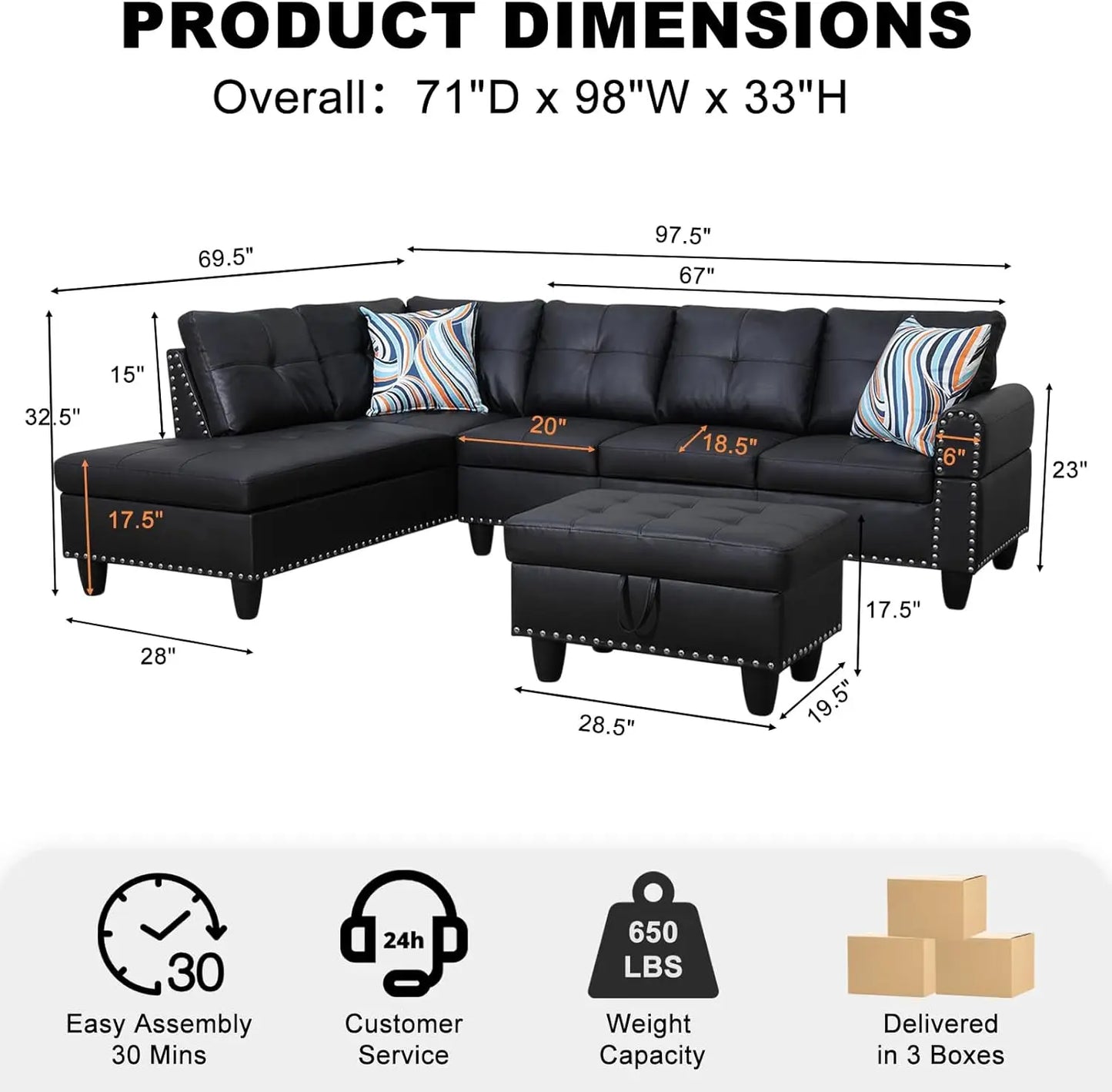 Modern 4-Seater Sectional Sofa Couch with Chaise Lounge Ottoman and 2 Pillows L Shape Living Room Furniture Set