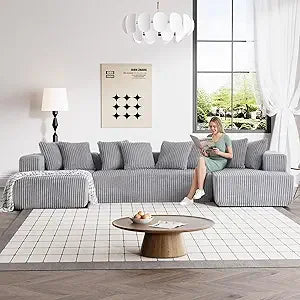 131 Inch Modular Sectional Couch Luxury Black Sectional Couches for Living Room Comfy Corduroy Sofa with Chaise Lounge