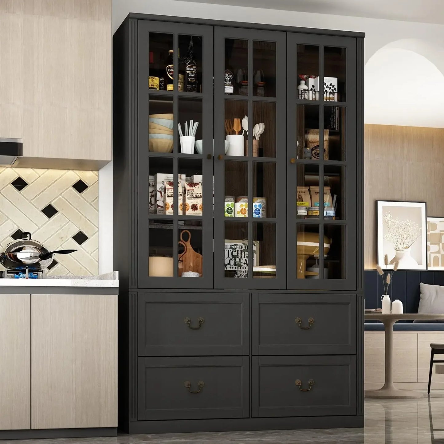 Pantry Cabinet Kitchen Storage Cabinet with Two Drawers and Glass Doors Adjustable Shelves for Kitchen and Pantry Use