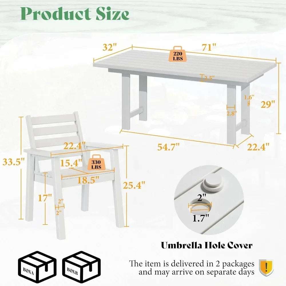 7 Piece HDPE Outdoor Dining Table Set with 6 Chairs 71 Inch Patio Dining Furniture Set with Umbrella Hole