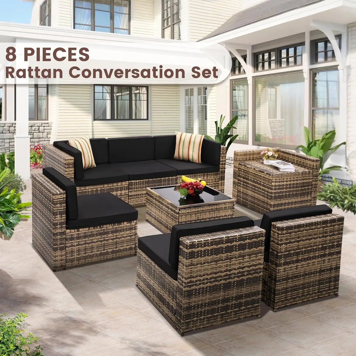 8 Pieces Outdoor Wicker Rattan Patio Furniture Sectional Set with Glass Top Table and Hidden Storage, 7 Sofa Sections with Oversized Cushions in Natural Color Rattan and Black Cushions