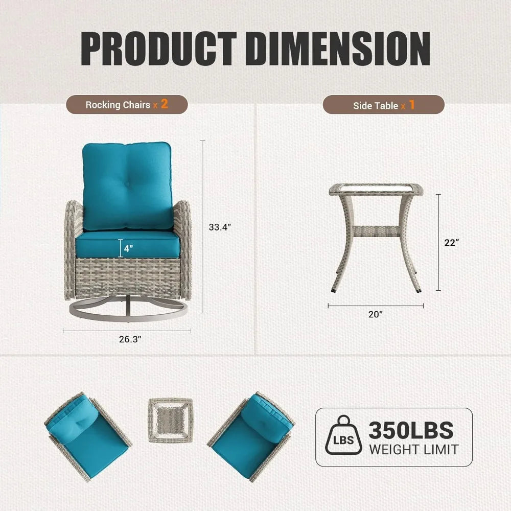 Patio Outdoor Rocking Swivel Chair Wicker Rattan Bistro Set with Tempered Glass Side Table Outdoor Furniture Set