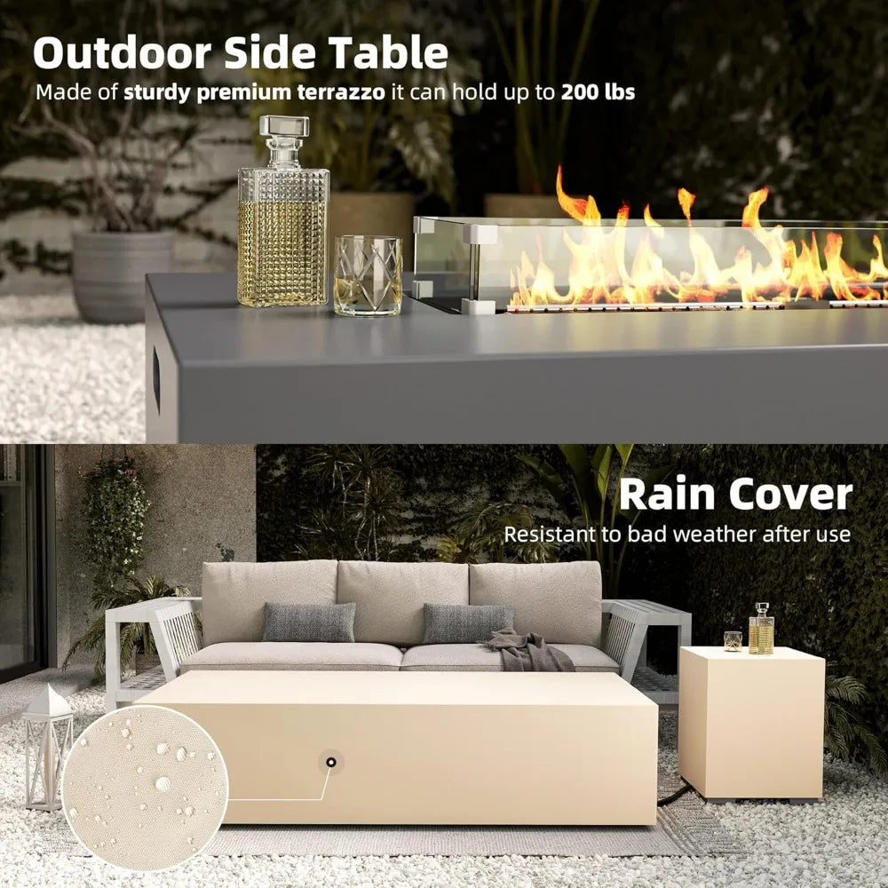 56 Inch Outdoor Propane Gas Fire Pit Table for Patio with Propane Tank Cover 50000 BTU Concrete Rectangle Fire Pit